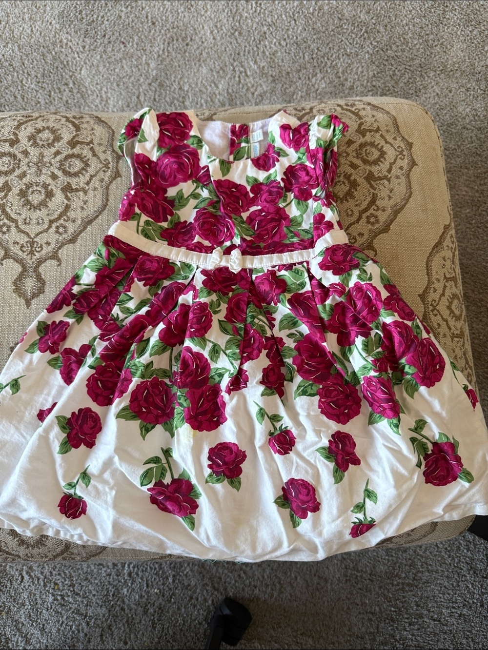 Jojo Maman Bebe Girls White Floral Rose Print Party Dress with Fuchsia Roses